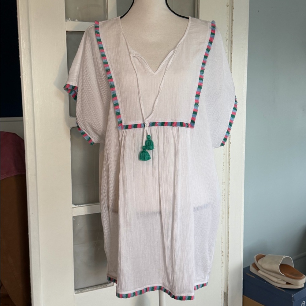 J. Crew White Swim Coverup with Pink, Teal & Navy Trim